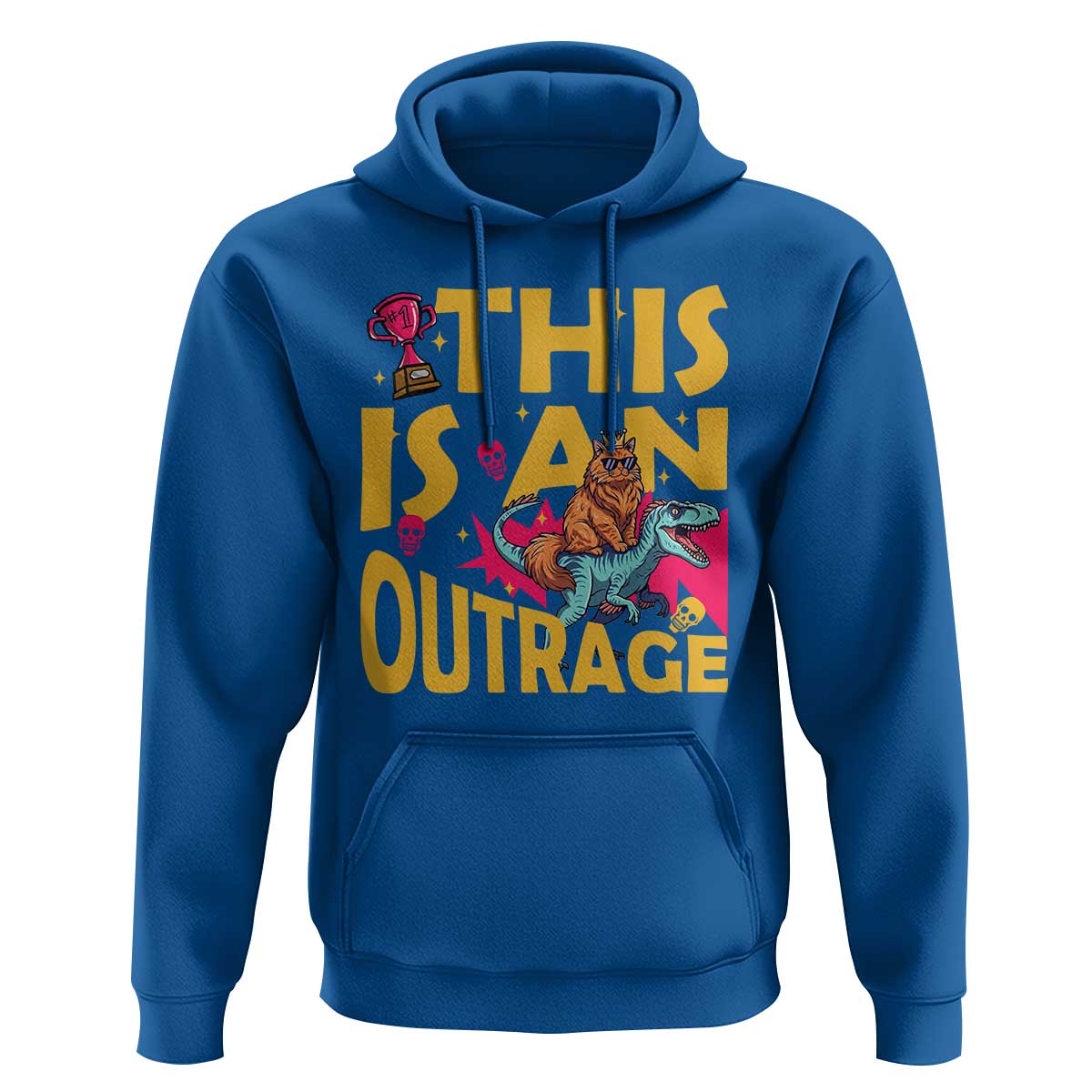 This Is An Outrage Sassy Cat Riding Raptor Dinosaur Hoodie Retro Pop Art Graphic