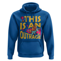 This Is An Outrage Sassy Cat Riding Raptor Dinosaur Hoodie Retro Pop Art Graphic