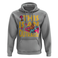 This Is An Outrage Sassy Cat Riding Raptor Dinosaur Hoodie Retro Pop Art Graphic
