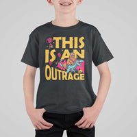 This Is An Outrage Sassy Cat Riding Raptor Dinosaur T Shirt For Kid Retro Pop Art Graphic