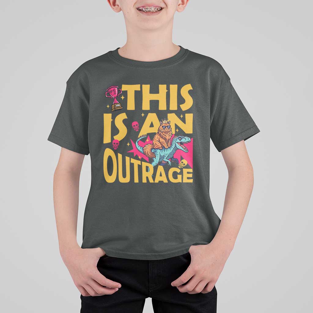 This Is An Outrage Sassy Cat Riding Raptor Dinosaur T Shirt For Kid Retro Pop Art Graphic