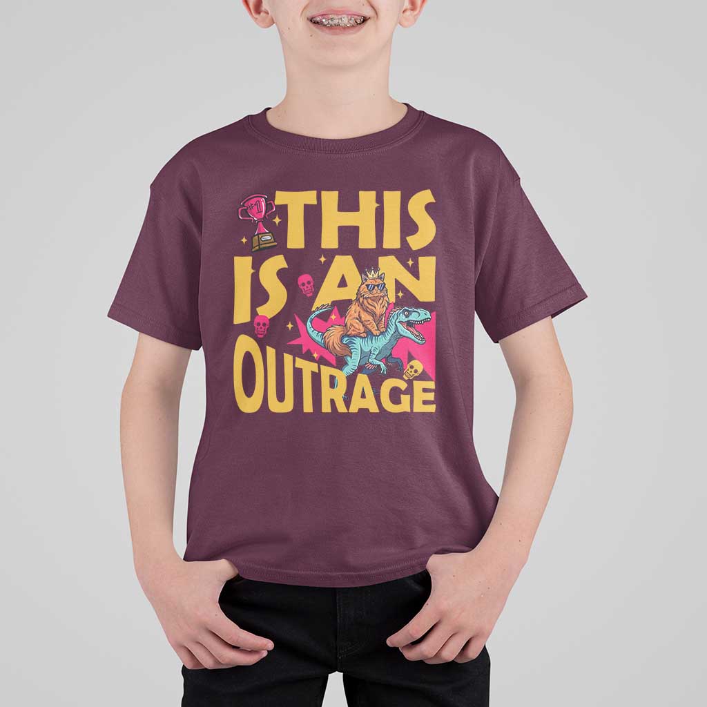 This Is An Outrage Sassy Cat Riding Raptor Dinosaur T Shirt For Kid Retro Pop Art Graphic