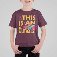 This Is An Outrage Sassy Cat Riding Raptor Dinosaur T Shirt For Kid Retro Pop Art Graphic