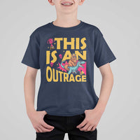 This Is An Outrage Sassy Cat Riding Raptor Dinosaur T Shirt For Kid Retro Pop Art Graphic