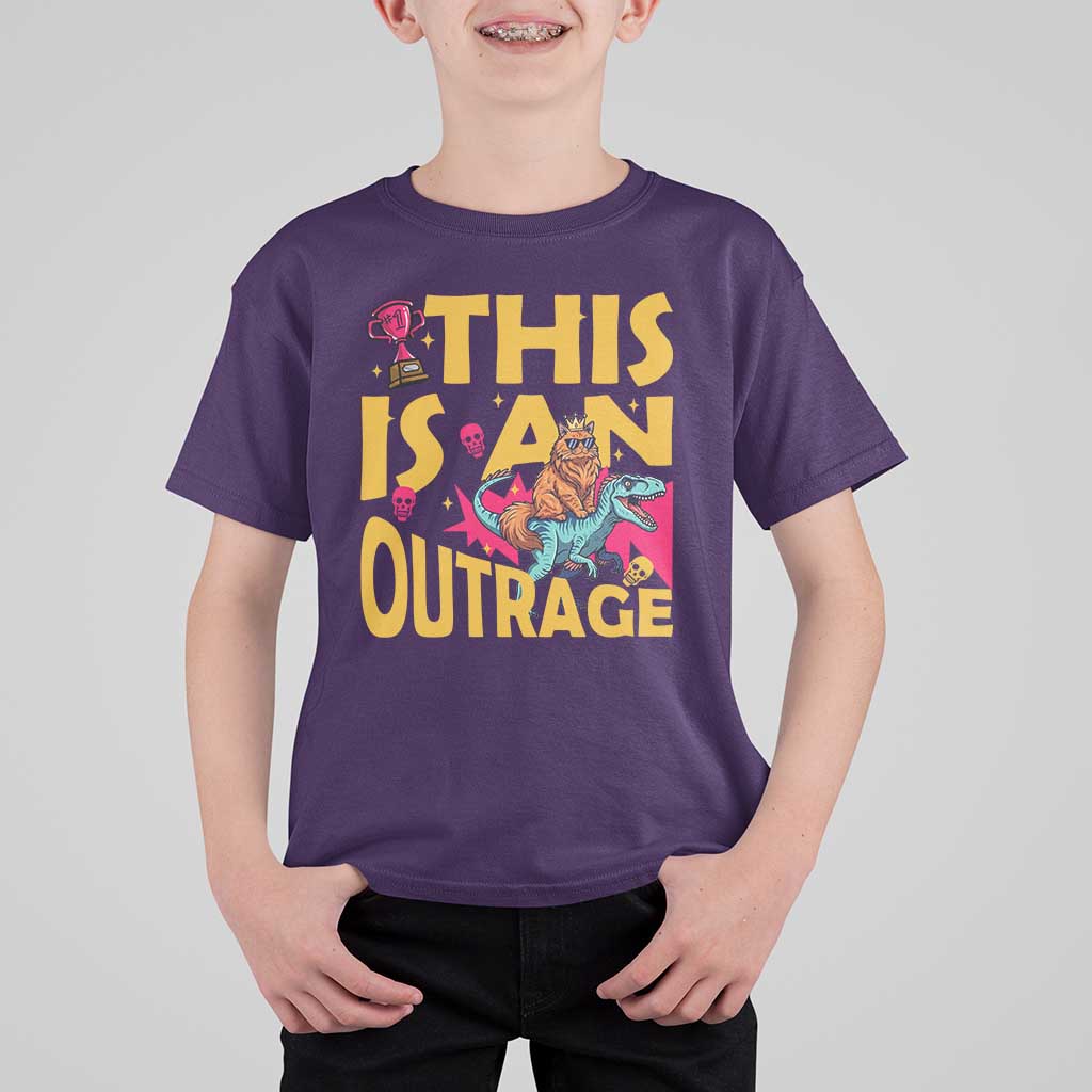This Is An Outrage Sassy Cat Riding Raptor Dinosaur T Shirt For Kid Retro Pop Art Graphic
