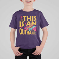 This Is An Outrage Sassy Cat Riding Raptor Dinosaur T Shirt For Kid Retro Pop Art Graphic