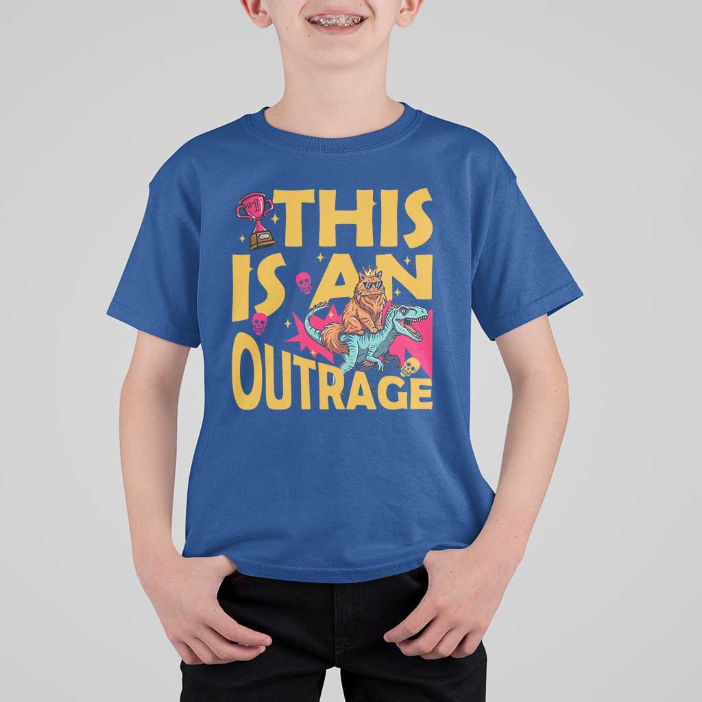 This Is An Outrage Sassy Cat Riding Raptor Dinosaur T Shirt For Kid Retro Pop Art Graphic