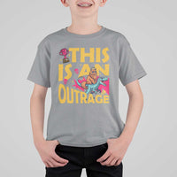 This Is An Outrage Sassy Cat Riding Raptor Dinosaur T Shirt For Kid Retro Pop Art Graphic