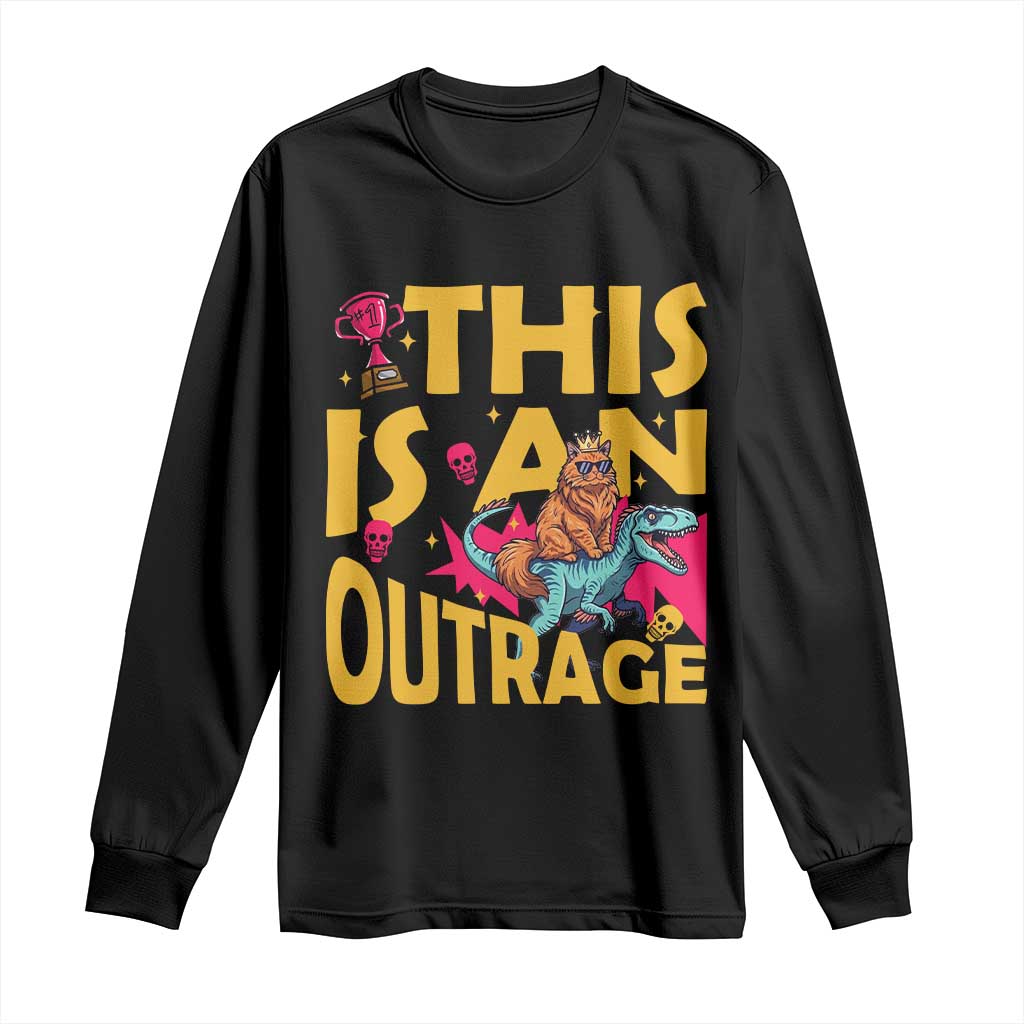 This Is An Outrage Sassy Cat Riding Raptor Dinosaur Long Sleeve Shirt Retro Pop Art Graphic