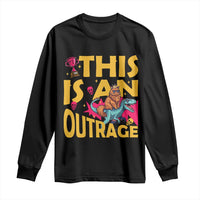 This Is An Outrage Sassy Cat Riding Raptor Dinosaur Long Sleeve Shirt Retro Pop Art Graphic