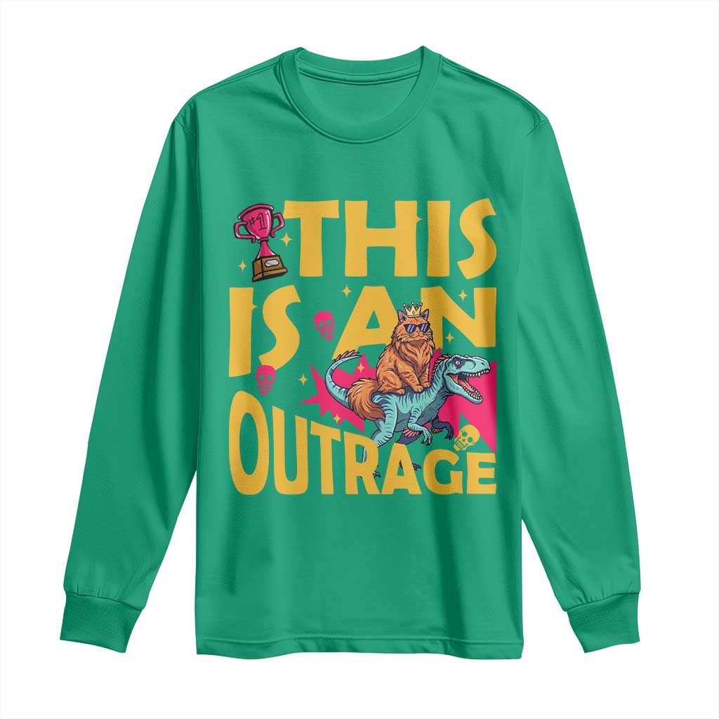 This Is An Outrage Sassy Cat Riding Raptor Dinosaur Long Sleeve Shirt Retro Pop Art Graphic