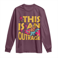 This Is An Outrage Sassy Cat Riding Raptor Dinosaur Long Sleeve Shirt Retro Pop Art Graphic