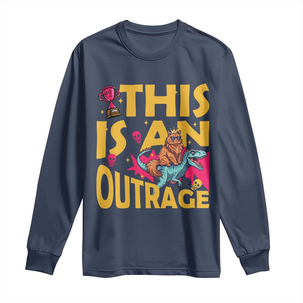 This Is An Outrage Sassy Cat Riding Raptor Dinosaur Long Sleeve Shirt Retro Pop Art Graphic