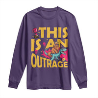 This Is An Outrage Sassy Cat Riding Raptor Dinosaur Long Sleeve Shirt Retro Pop Art Graphic