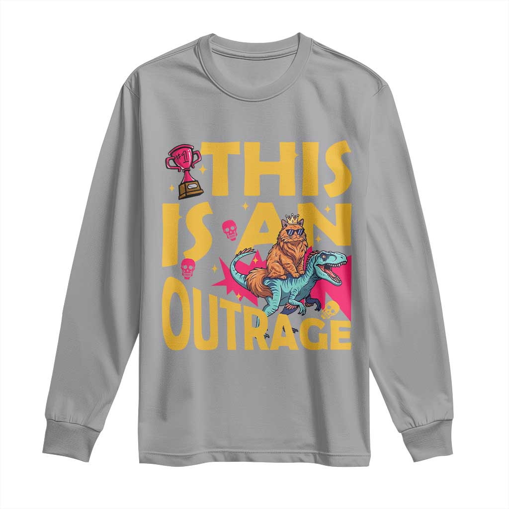 This Is An Outrage Sassy Cat Riding Raptor Dinosaur Long Sleeve Shirt Retro Pop Art Graphic