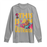 This Is An Outrage Sassy Cat Riding Raptor Dinosaur Long Sleeve Shirt Retro Pop Art Graphic