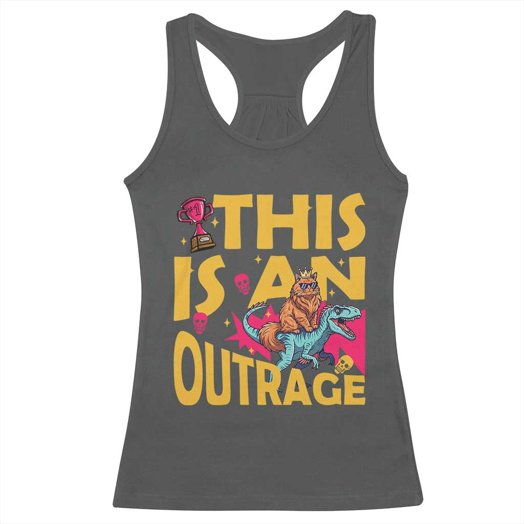 This Is An Outrage Sassy Cat Riding Raptor Dinosaur Racerback Tank Top Retro Pop Art Graphic