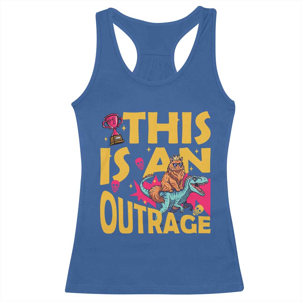 This Is An Outrage Sassy Cat Riding Raptor Dinosaur Racerback Tank Top Retro Pop Art Graphic
