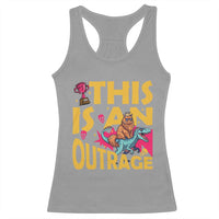 This Is An Outrage Sassy Cat Riding Raptor Dinosaur Racerback Tank Top Retro Pop Art Graphic
