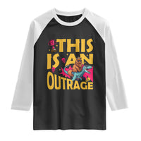 This Is An Outrage Sassy Cat Riding Raptor Dinosaur Raglan Shirt Retro Pop Art Graphic