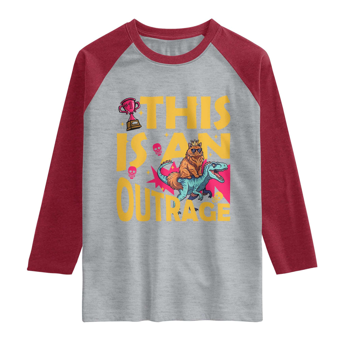 This Is An Outrage Sassy Cat Riding Raptor Dinosaur Raglan Shirt Retro Pop Art Graphic