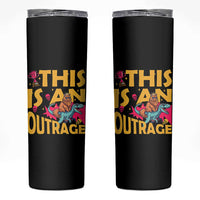 This Is An Outrage Sassy Cat Riding Raptor Dinosaur Skinny Tumbler Retro Pop Art Graphic