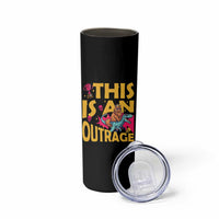 This Is An Outrage Sassy Cat Riding Raptor Dinosaur Skinny Tumbler Retro Pop Art Graphic