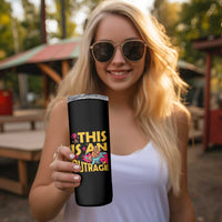 This Is An Outrage Sassy Cat Riding Raptor Dinosaur Skinny Tumbler Retro Pop Art Graphic