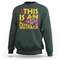 This Is An Outrage Sassy Cat Riding Raptor Dinosaur Sweatshirt Retro Pop Art Graphic