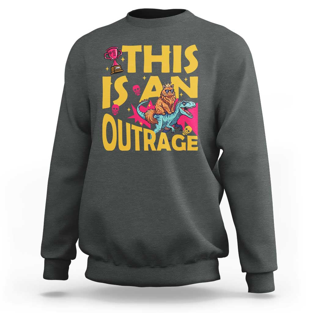 This Is An Outrage Sassy Cat Riding Raptor Dinosaur Sweatshirt Retro Pop Art Graphic