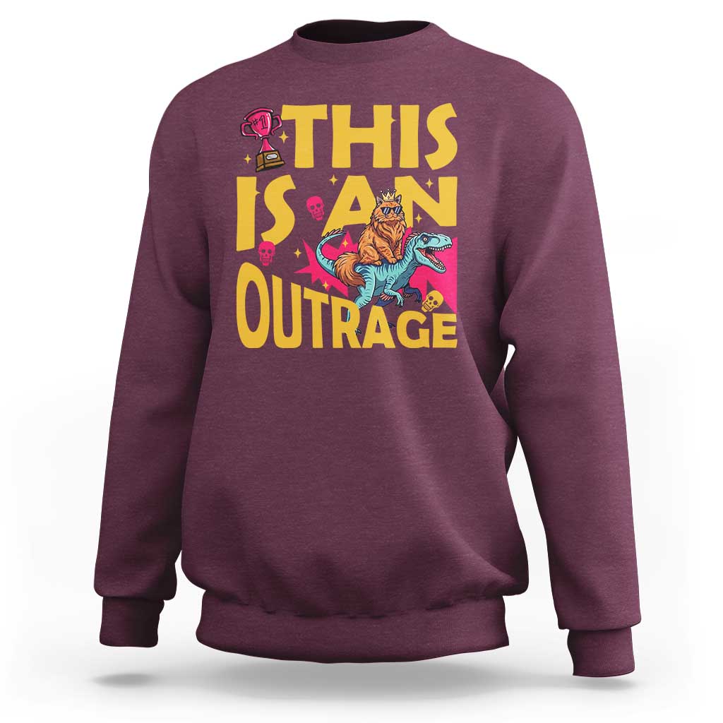 This Is An Outrage Sassy Cat Riding Raptor Dinosaur Sweatshirt Retro Pop Art Graphic