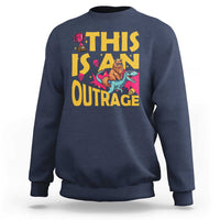 This Is An Outrage Sassy Cat Riding Raptor Dinosaur Sweatshirt Retro Pop Art Graphic