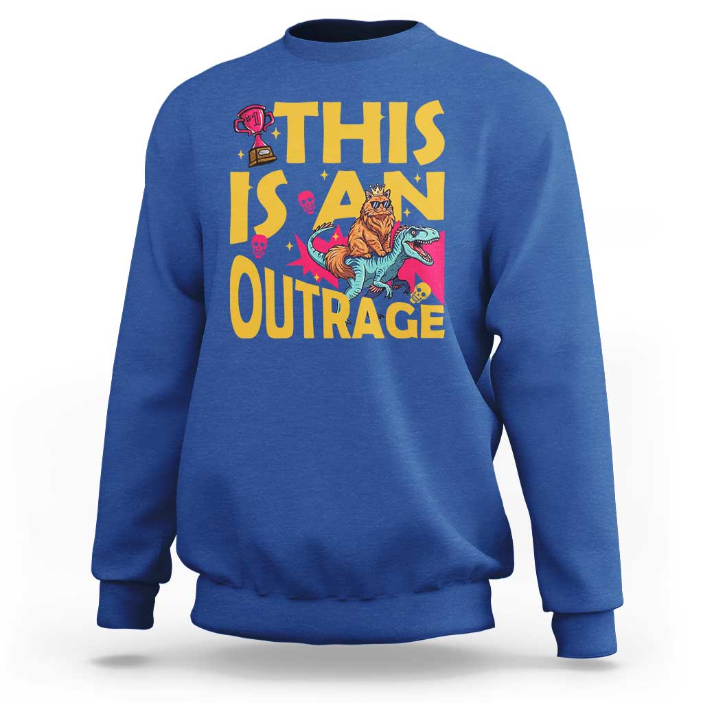 This Is An Outrage Sassy Cat Riding Raptor Dinosaur Sweatshirt Retro Pop Art Graphic