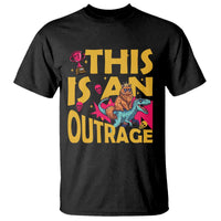 This Is An Outrage Sassy Cat Riding Raptor Dinosaur T Shirt Retro Pop Art Graphic