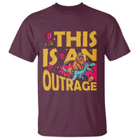 This Is An Outrage Sassy Cat Riding Raptor Dinosaur T Shirt Retro Pop Art Graphic