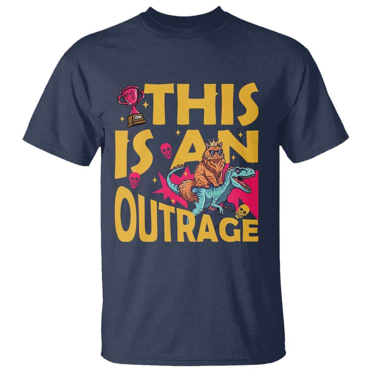 This Is An Outrage Sassy Cat Riding Raptor Dinosaur T Shirt Retro Pop Art Graphic