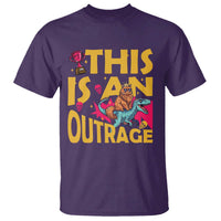 This Is An Outrage Sassy Cat Riding Raptor Dinosaur T Shirt Retro Pop Art Graphic