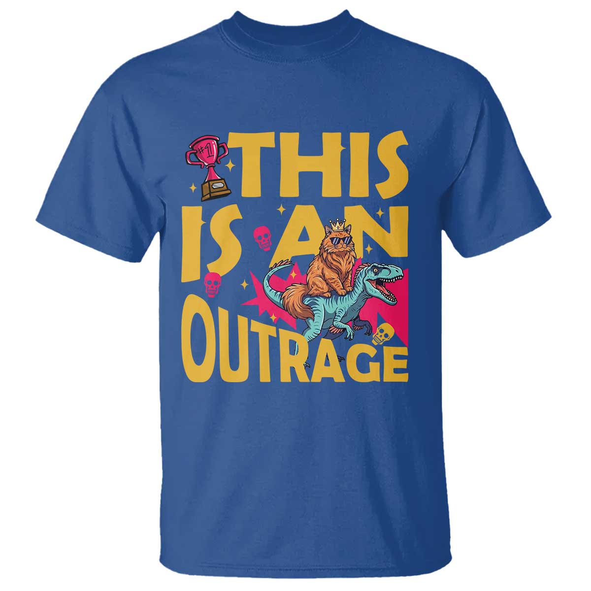 This Is An Outrage Sassy Cat Riding Raptor Dinosaur T Shirt Retro Pop Art Graphic