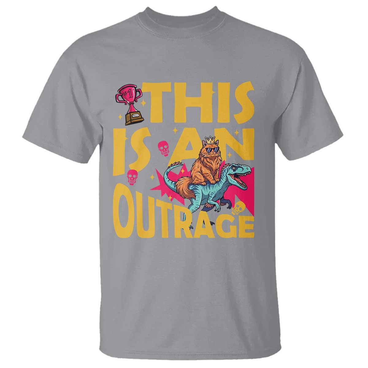 This Is An Outrage Sassy Cat Riding Raptor Dinosaur T Shirt Retro Pop Art Graphic
