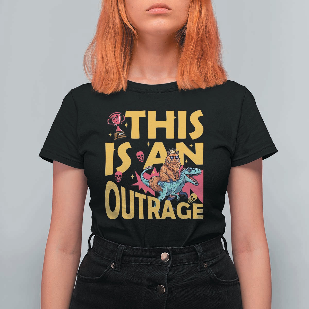 This Is An Outrage Sassy Cat Riding Raptor Dinosaur T Shirt For Women Retro Pop Art Graphic