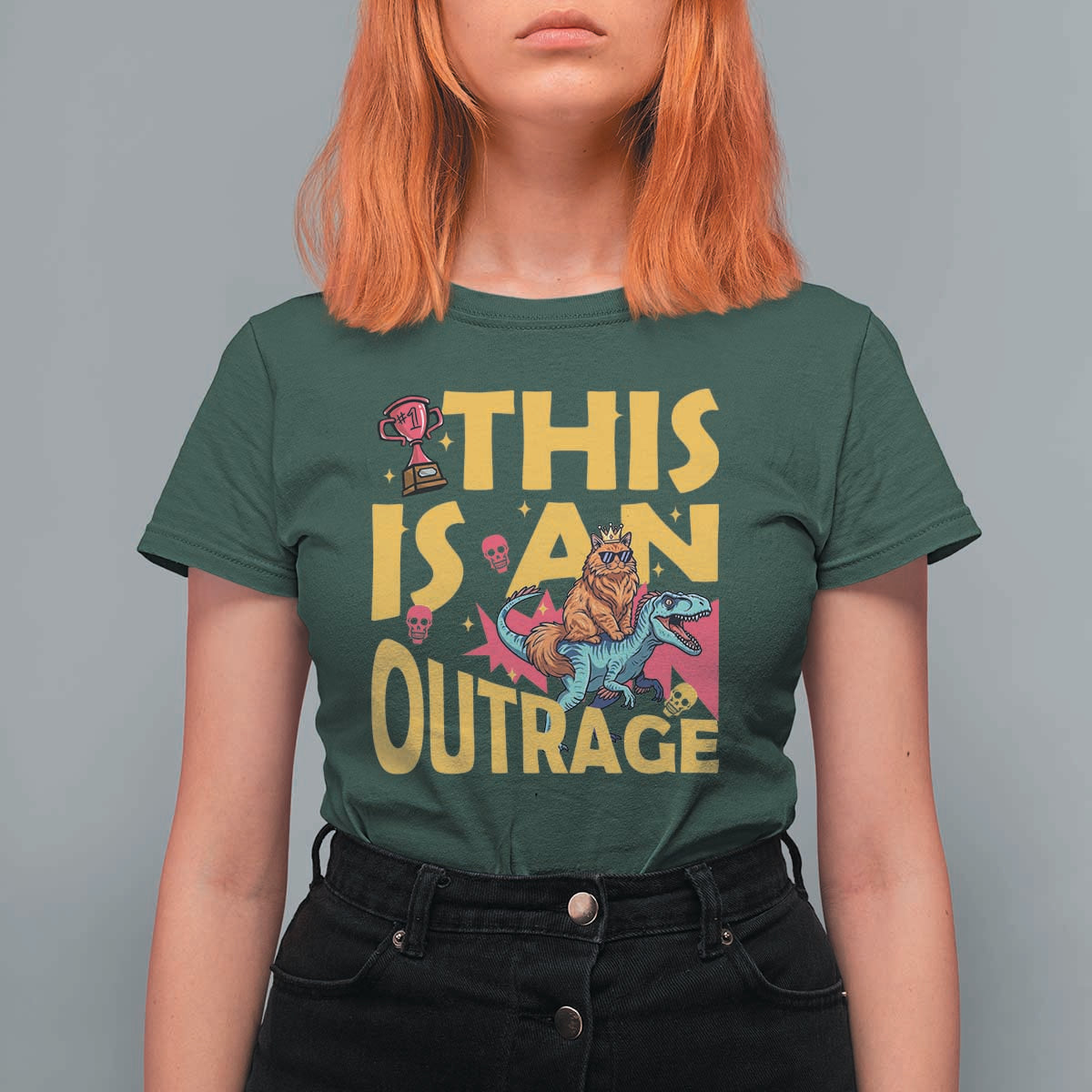 This Is An Outrage Sassy Cat Riding Raptor Dinosaur T Shirt For Women Retro Pop Art Graphic