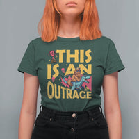 This Is An Outrage Sassy Cat Riding Raptor Dinosaur T Shirt For Women Retro Pop Art Graphic