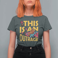 This Is An Outrage Sassy Cat Riding Raptor Dinosaur T Shirt For Women Retro Pop Art Graphic