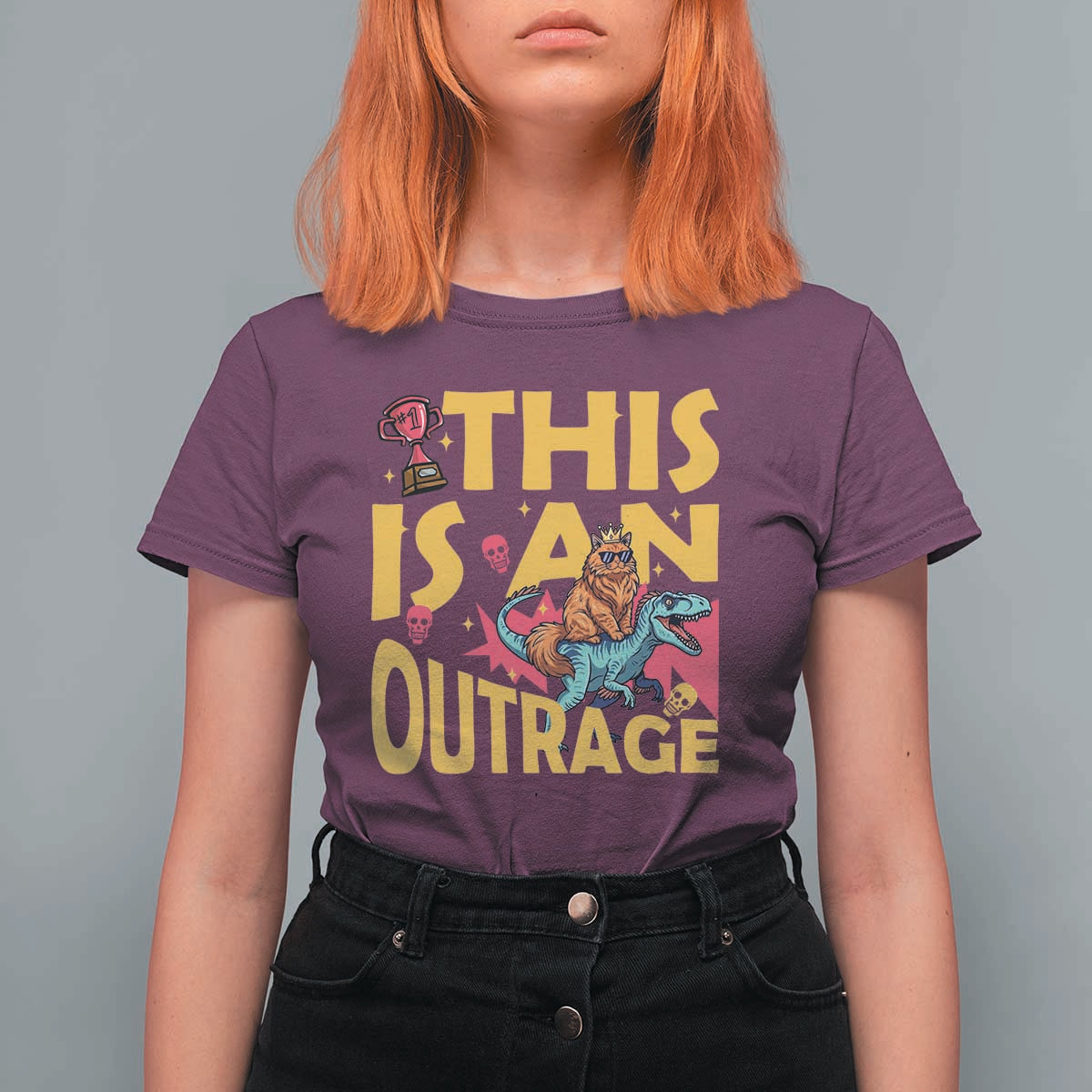 This Is An Outrage Sassy Cat Riding Raptor Dinosaur T Shirt For Women Retro Pop Art Graphic