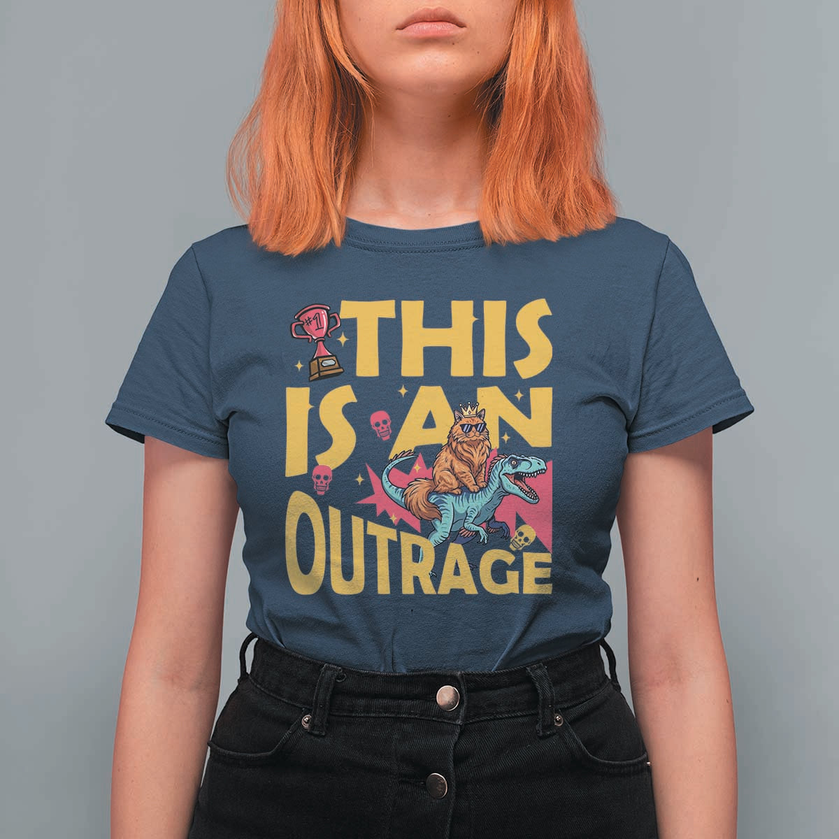 This Is An Outrage Sassy Cat Riding Raptor Dinosaur T Shirt For Women Retro Pop Art Graphic