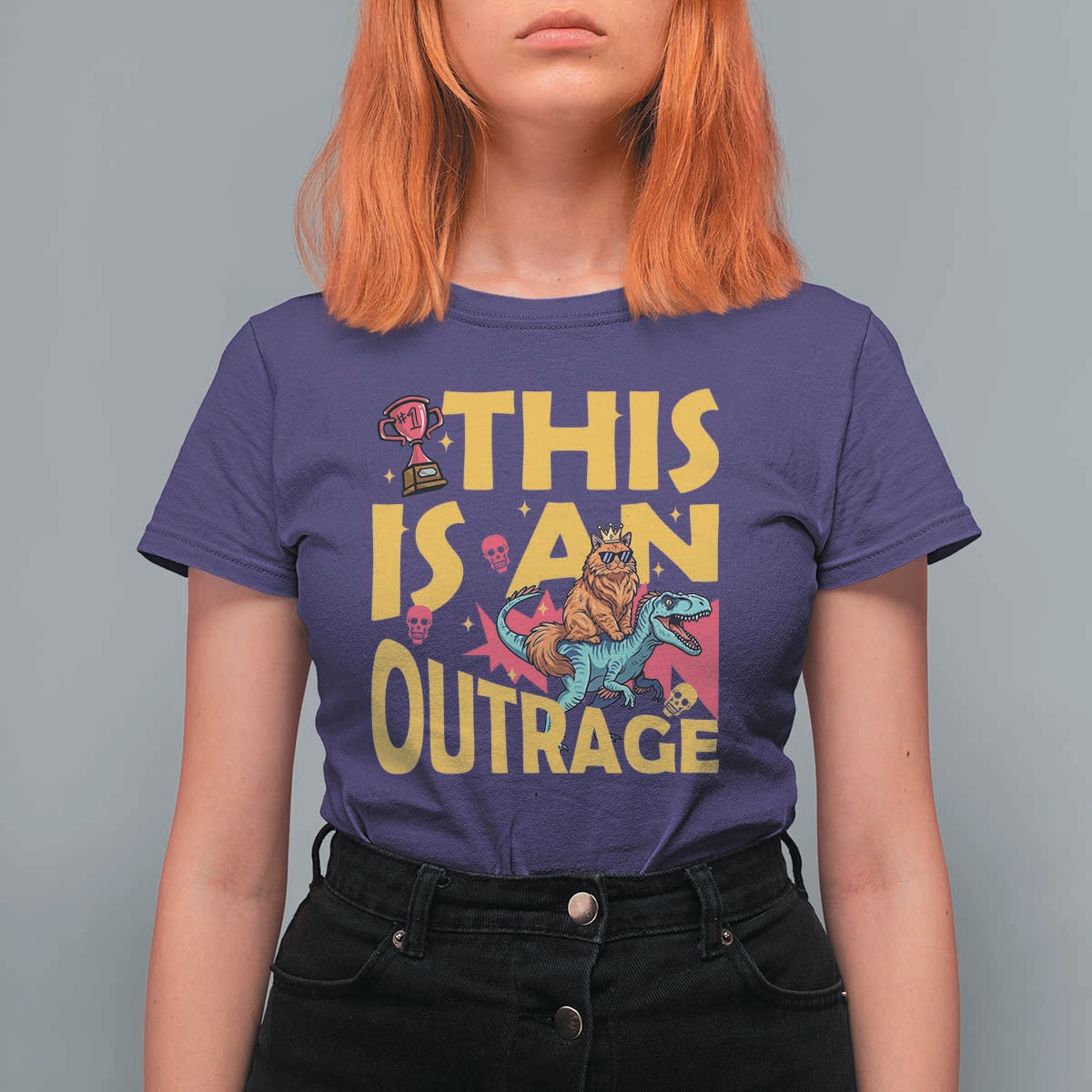 This Is An Outrage Sassy Cat Riding Raptor Dinosaur T Shirt For Women Retro Pop Art Graphic
