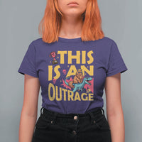 This Is An Outrage Sassy Cat Riding Raptor Dinosaur T Shirt For Women Retro Pop Art Graphic