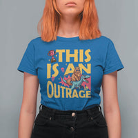 This Is An Outrage Sassy Cat Riding Raptor Dinosaur T Shirt For Women Retro Pop Art Graphic