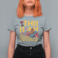 This Is An Outrage Sassy Cat Riding Raptor Dinosaur T Shirt For Women Retro Pop Art Graphic