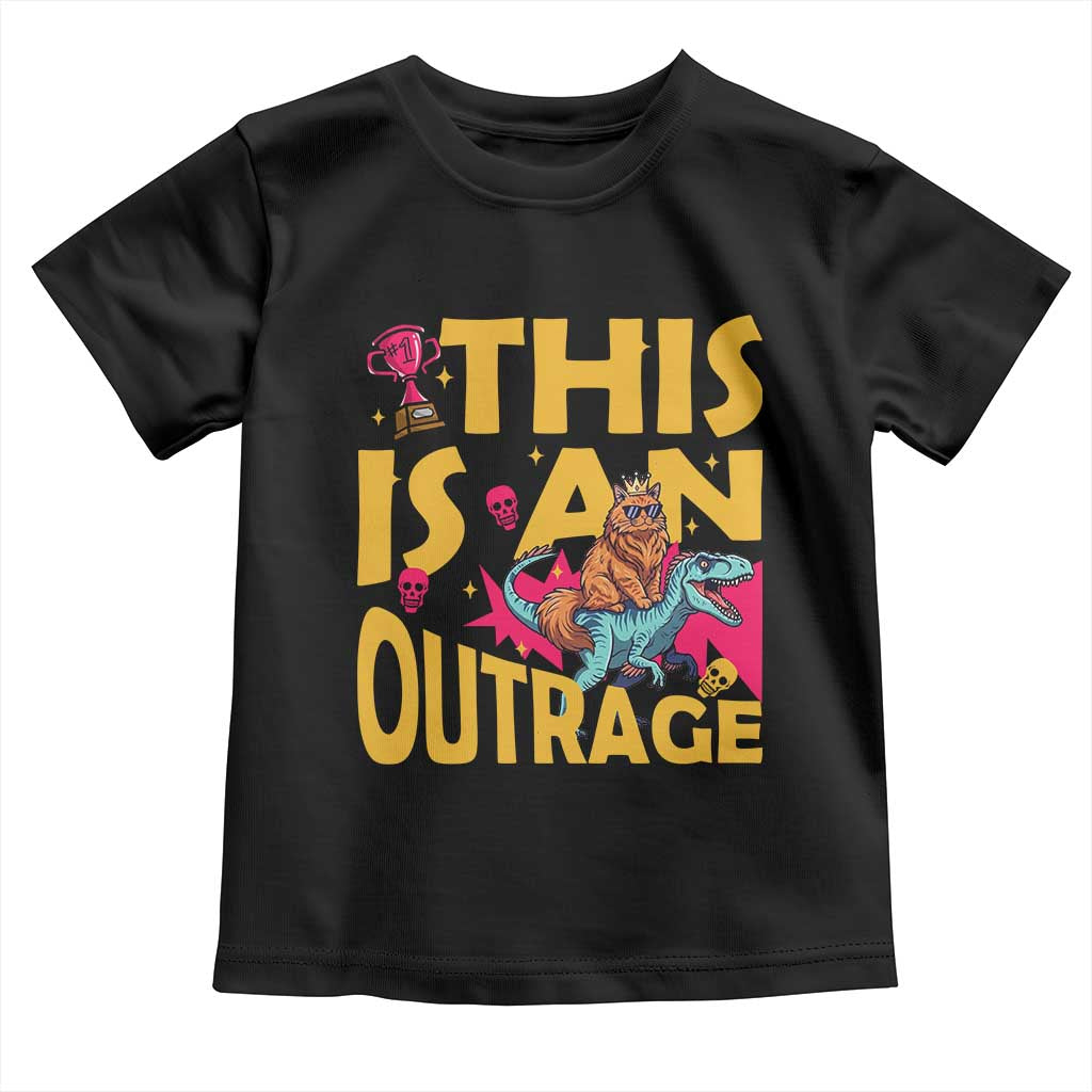 This Is An Outrage Sassy Cat Riding Raptor Dinosaur Toddler T Shirt Retro Pop Art Graphic